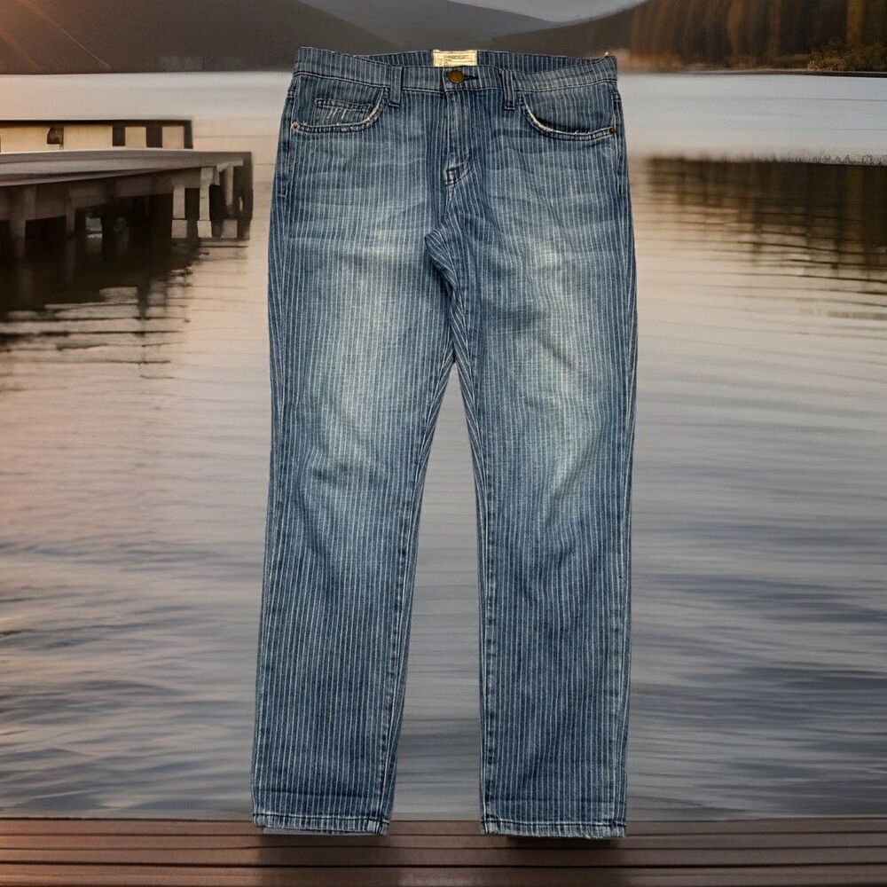 Current Elliot The Fling Boyfriend Pinstripe Jeans 26 31x27 Blue Distress Womens